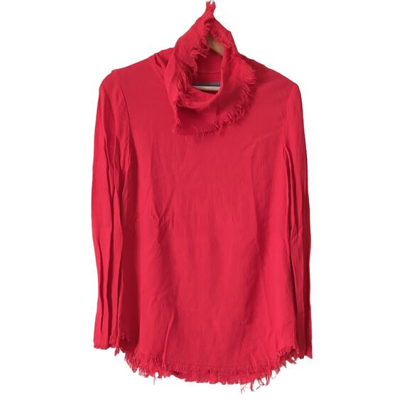 Raquel Allegra Women's Top Size 1 S Ruby Red Fringe Frayed Edges Cowl Shirt $329